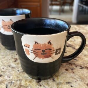 SET/2 ARTISAN BLACK STONEWARE MUGS FEATURING CATS